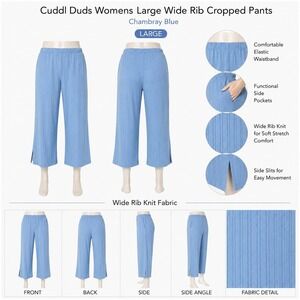 Cuddl Duds Womens Large Wide Rib Cropped‎ Pants Chambray Blue A637430 New